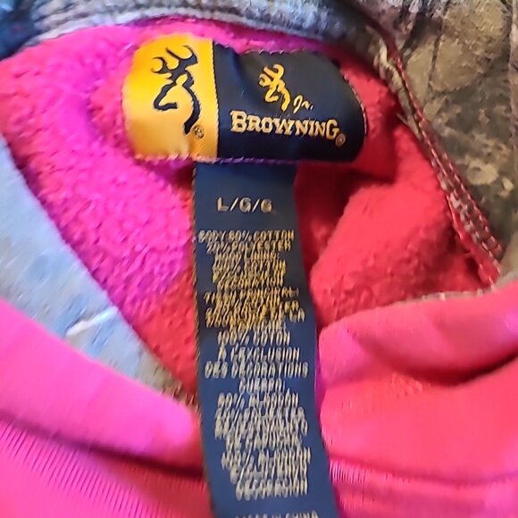Browning Girl's Hoodie Pink Camo Buck Logo Size Large Pullover Sweatshirt - Picture 4 of 5